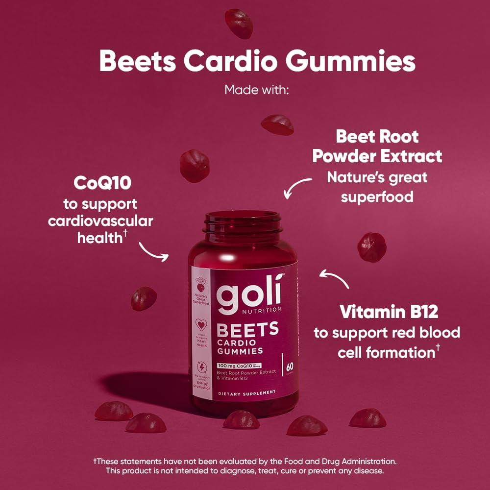 Goli Beets Cardio Gummies with CoQ10 and Vitamin B12 - Beetroot Extract - Cardiovascular Wellness - Vegan, Non-GMO, Gluten-Free