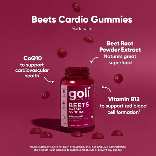 Goli Beets Cardio Gummies with CoQ10 and Vitamin B12 - Beetroot Extract - Cardiovascular Wellness - Vegan, Non-GMO, Gluten-Free